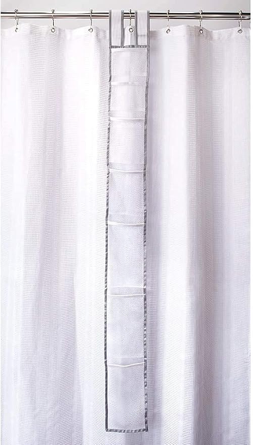 Skywin 7 Pockets Hanging Shower Curtain Liner Caddy 60 x 6 Inches - 100% Polyester Mesh Shower Caddy Hanging - Shower Organizer for Shower Rod or Door - Quick Dry Fabric with Adjustable Velcro Strap