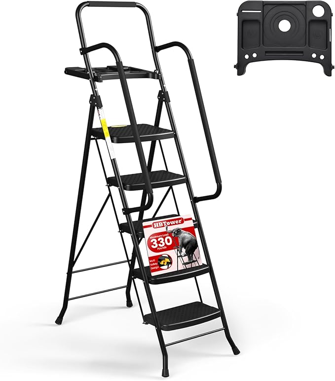 HBTower 5 Step Ladder, Folding Step Stool with Wide Anti-Slip Pedal, Tool Tray & Handrails, 330lbs Capacity for Home and Kitchen, Black