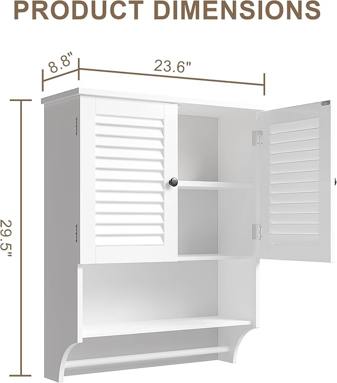 ChooChoo Medicine Cabinet with Towels Bar, 23.6" L x 8.8" W x 29.5" H MDF Material Bathroom Wall Cabinet, 2 Doors Over The Toilet Space Saver Storage Cabinet with Large Space, White