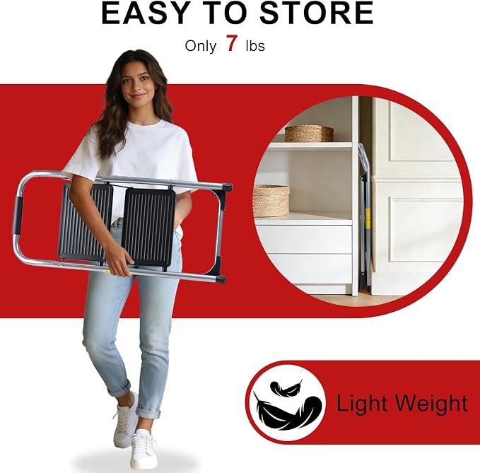 2 Step Ladder for Kitchen Step Stool, Lightweight Folding Step Stool with Curved Safety Handrail, Auto-Lock Mechanism & Non-Slip Wide Pedals, Slim&Foldable for Home Indoor（Sliver）