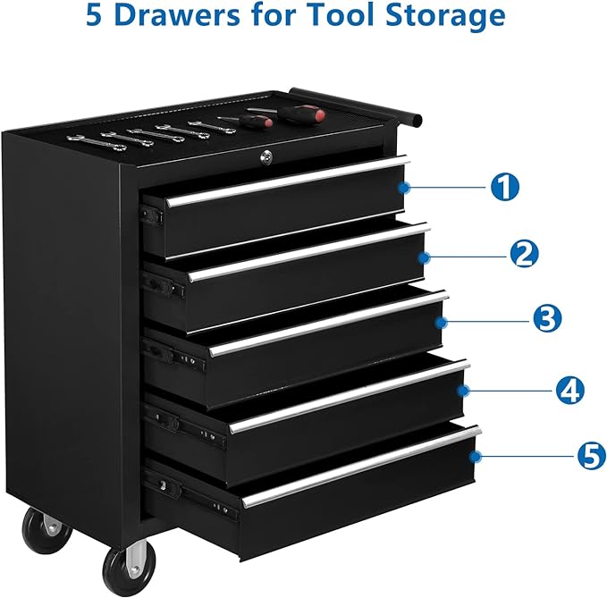 TUFFIOM 5-Drawer Rolling Tool Chest w/Drawers & Lock, Tool Storage Cabinet with Lockable Wheels, Top Cushion & Drawer Liners, Tool Organizer Box for Garage, Warehouse & Repair Sho