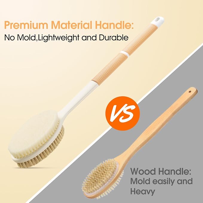 Backski Body Scrubber Anti Slip for Shower, Shower Brush Long Handle with Stiff and Soft Bristles, Body Wash Exfoliating Back Scrubber for Bath or Dry Brushing Body Brush(Orange)