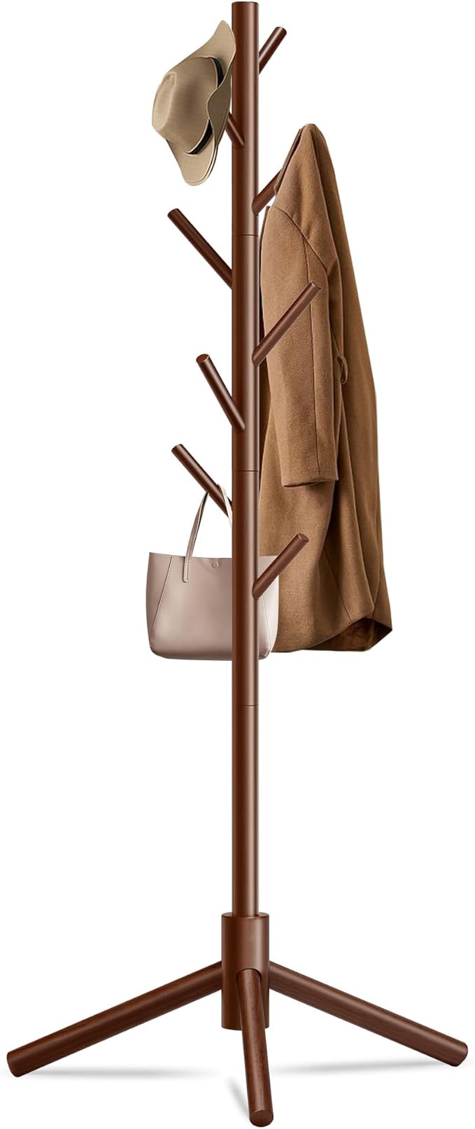 Unisakey Durable Wooden Coat Rack, Freestanding Coat Rack with Stable Triangular Base, 8 Hooks & 3 Adjustable Heights, Simple Assembly for Bedroom, Hallway, Office(New Brown)