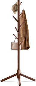 Unisakey Durable Wooden Coat Rack, Freestanding Coat Rack with Stable Triangular Base, 8 Hooks & 3 Adjustable Heights, Simple Assembly for Bedroom, Hallway, Office(New Brown)