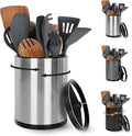 Nigelia Extra Large Kitchen Utensil Holder, 360° Rotating Stainless Steel Cooking Utensil Holder for Countertop, 3 Compartment Flatware Organizer & Cooking Caddy with Removable Base（Silvery）