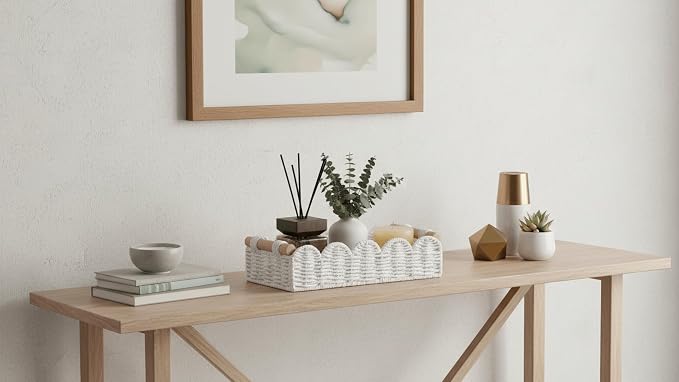 CubesLand Toilet Paper Storage Basket Organizer, Small Wicker Toilet Tank Top Decorative Baskets for Countertop, Handwoven Scalloped Basket w/handle for Home Decor, Living Room, Bedroom, White