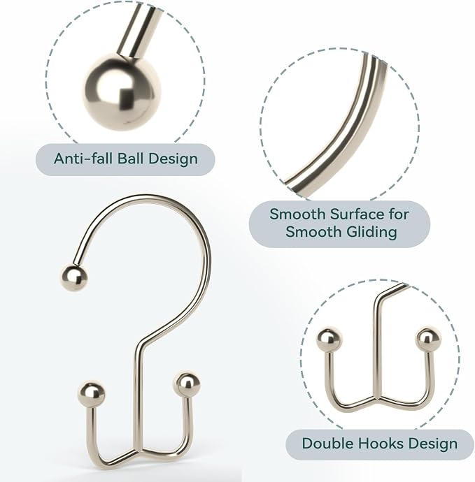 24 Pcs Shower Curtain Hooks, Goowin Shower Curtain Rings, Durable Shower Curtain Rings Rust Proof, Double Glide Shower Rings for Curtain, Simple Shower Hooks for Shower Curtain & Liner, Brush Nickel
