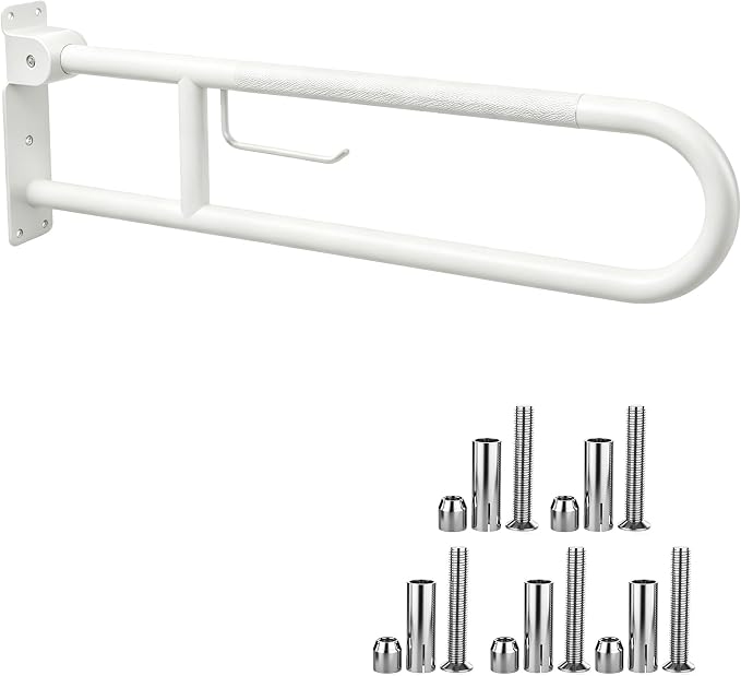 30.3 Inch Toilet Grab Bar, HUAS White Anti Slip Bathroom Toilet Safety Rails, U Shaped Flip-Up Handicap Grab Bars w/Paper Holder, Stainless Steel Support Handrail for Elderly Disabled Senior
