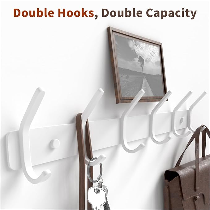 GWAAZXGZ Coat Rack Wall Mount Hooks - 15 Inch Matte White Metal 6-Hook Organizer Wall Mounted, Modern Kids Room, Entryway & Bathroom Hanger for Beach Towels, Coats, Purses, Bags (2 Pack)