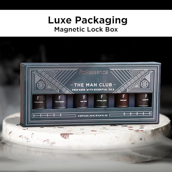 Folkulture Men Essential Oils Set for Diffuser, Father's Day & Birthday Gift for Men - 6x10ml Fragrance Oils for Candle Making, Scented Oil Gift Set,Oud,White Musk,Tobacco,Sandalwood & Leather Wood