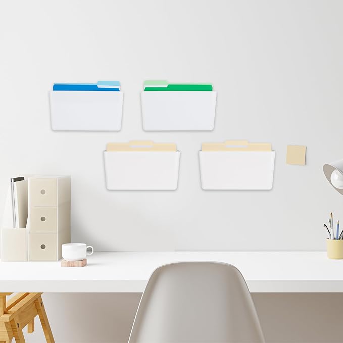 EASEPRES 4 Pack White Plastic Single Pocket Hanging File Organizer, Wall Mount Paper Mails Magazines Holder, Mounted Folder Bins for Office, School and Home, 12.99x4.13x7.48 inches