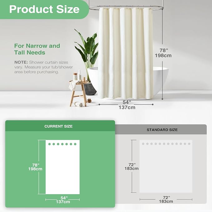 Dynamene Stall Fabric Shower Curtain， 54x78 inch Long Waffle Weave Weighted Thick Cloth Shower Curtains for Bathroom,Neutral Heavy Duty Hotel Spa Luxury Bath Curtain Set with 10 Plastic Hooks,Ivory