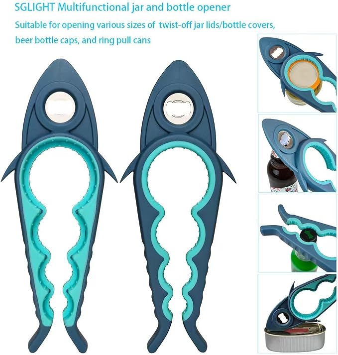 Jar Opener Bottle Opener for Arthritis, 5-in-1 Multifunctional Jar Opener, Easy to Use for Seniors and Weak Hands, Shark Shape Kitchen Gadget for jar, Beer and Bottle (Grey and Blue)