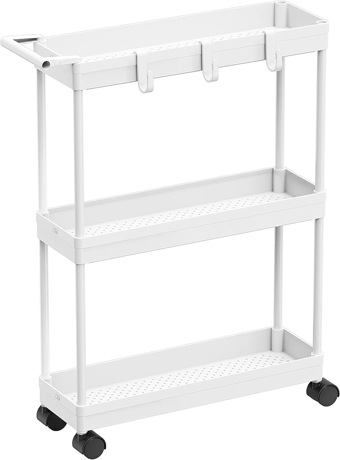 Simple Houseware 3-Tier Slim/Narrow Storage Cart with Handle, 5.5'' Wide x 27.5'' Height Rolling Organizer for Kitchen, Bathroom, Laundry Room - White