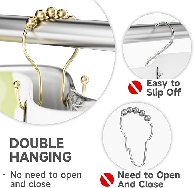 Bathway Gold Shower Curtain Hooks, Shower Curtain Hook Shower Curtain Rings Rust Proof Smooth Double Shower Curtain Hooks, Shower Hooks for Shower Curtain Bathroom Shower Rod Hook 12 Pcs