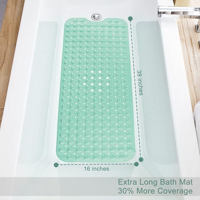 TEESHLY Bath Tub and Shower Mats, Non-Slip 39 x 16 Inch Extra Long Bathtub Mat, Machine Washable BathMat with Drain Holes, Suction Cups for Bathroom (Opaque Pale Green)