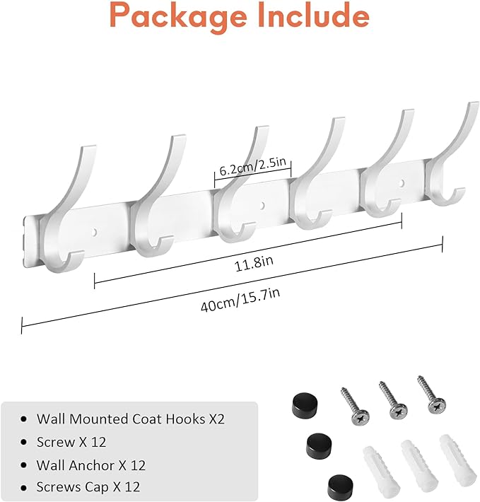 Optish Coat Rack Wall Mount, Coat Hook Wall Mount, Wall Hooks for Hanging, Hat Rack for Walls, Coats Hanger with 12 Hook, Towel Hooks for Bathrooms (2 Pack, Silver)