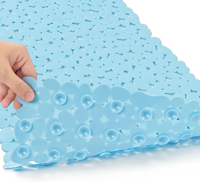 SONGZIMING Bathtub Mat Non Slip Pebble Bath Shower Mat with Drain Holes, Suction Cups Mat for Tub 16" W x 35" L, Blue