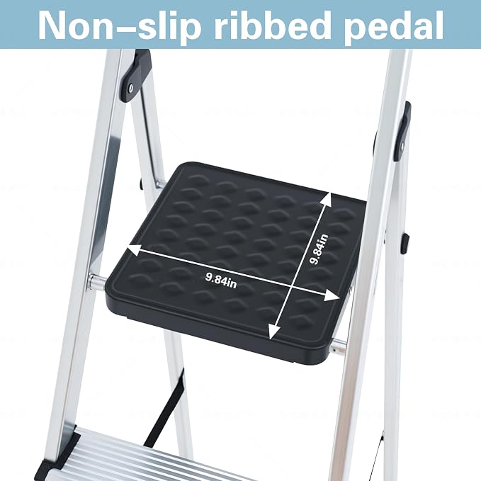 Simple Deluxe 5 Step Ladder,330lbs Folding Step Stool with Anti-Slip Wide Pedal Handrails, Foldable Step Stool for Home Kitchen and Outdoor, Silver