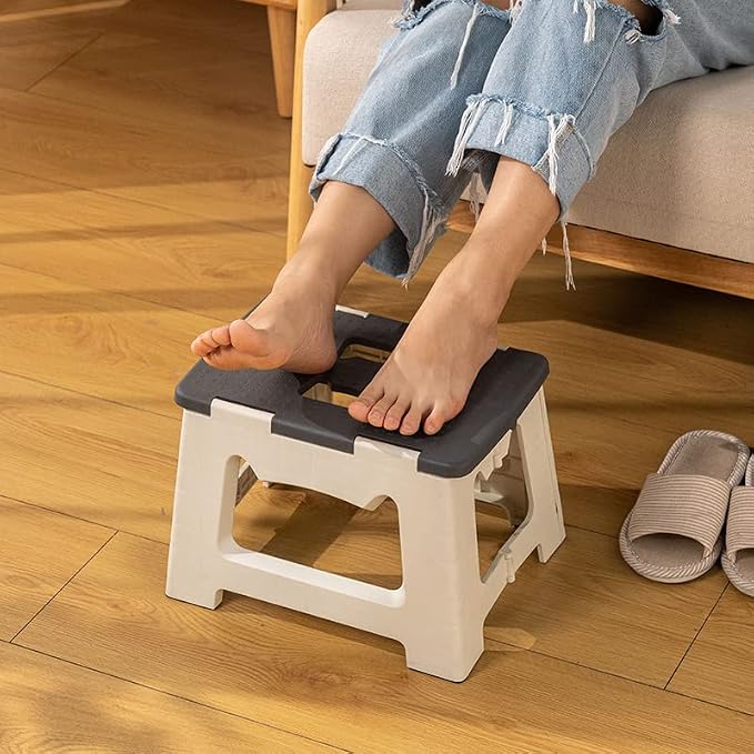 Kitty Folding Stool, 9 Inches, Non-Slip Folding Step Stool,Great for Kitchen, Bathroom, Bedroom, Kids or Adults (Khaki) (Gray)
