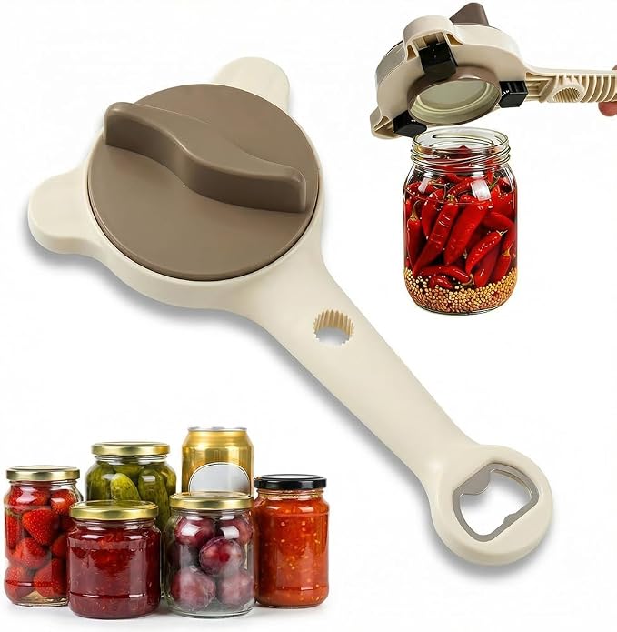 2026 Upgrade 4 in 1 Jar Opener, Multi-function Can & Bottle Caps Opener for Seniors & Weak Hands, Adjustable Stainless Steel Lid Remover for Kitchen Canned Goods (Beige)