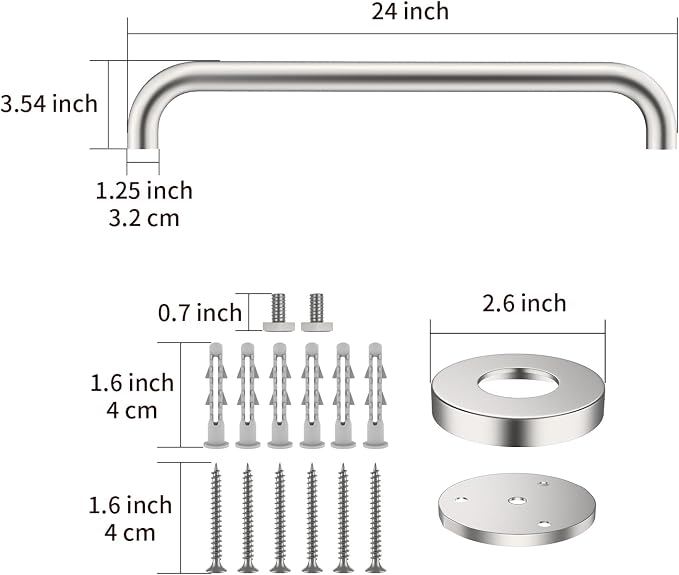 24 Inch Bathroom Grab Bar, ZUEXT Brushed Nickel Safety Handrail for Shower Toilet Bathtub, Wall-Mounted Stainless Steel Handicap Grab Rail for Seniors Disabled Bath Safety Support (1.25" Diameter)