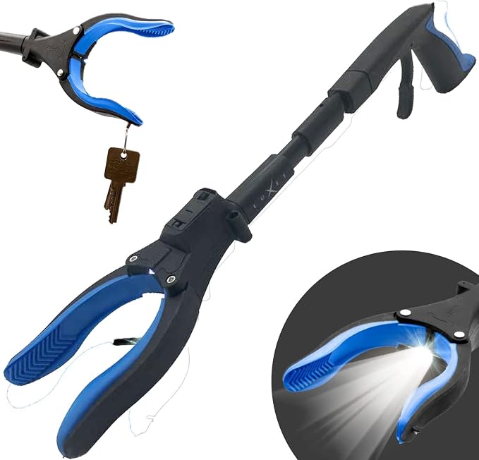 Grabber Reacher Tool 19" Aluminum Magnetic Claw with LED Light, Reacher Grabber Pickup Tool, Foldable Gripper Grabbers for Elderly Grab it Reaching Tool, Trash Grabbers Pickers, Blue, By Luxet 2-Pack