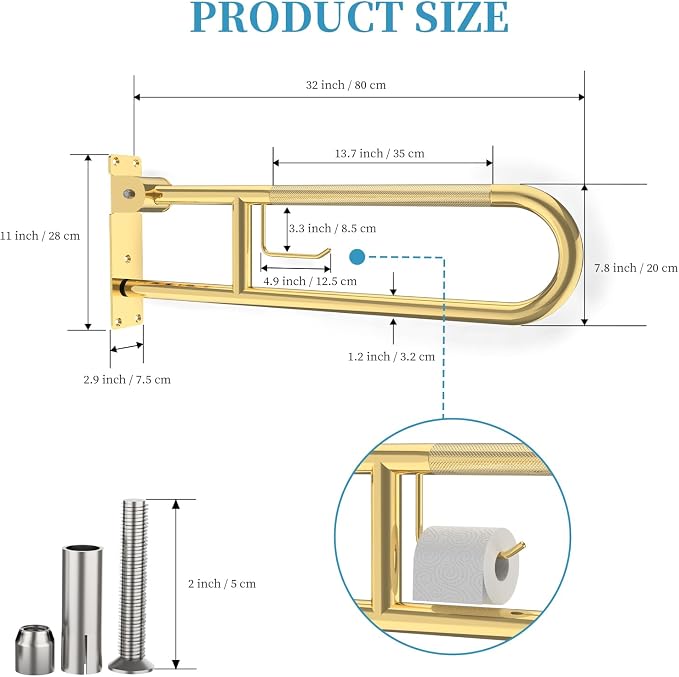 Toilet Grab Bar 32 Inch Gold, Munzong Anti-Slip Handicap Grab Bars with Paper Holder, Flip-Up Bathroom Safety Rails, Stainless Steel Knurled Support handrails for Seniors Elderly Disabled Pregnant