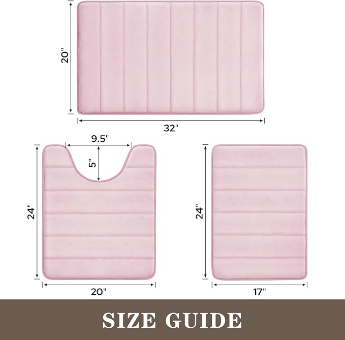 BYSURE Pink Memory Foam Bathroom Rug Set 3 Piece, Non Slip Extra Soft Absorbent Machine Washable Toilet Bath Toilet Mat (17"x24"+20"x32"+U Shape 20"x24")