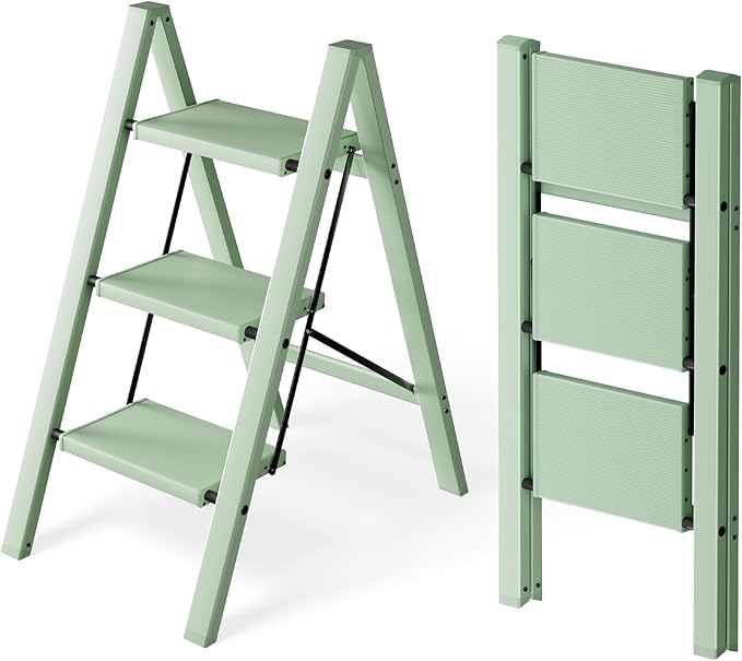 HillhutApex 3 Step Ladder, Lightweight Portable 3 Step Stool with Anti-Slip Wide Pedal, 330lbs Capacity Aluminum Ladder for Household,Office,Kitchen(Pale Green)