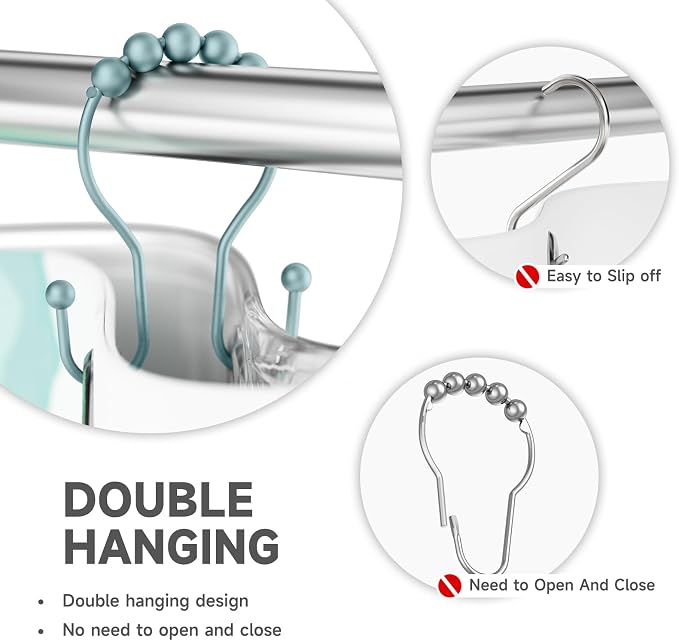 Bathway Shower Curtain Hooks, Shower Curtain Rings Rust Proof Double Hook Shower Curtain Hooks, 12 Pcs Shower Hooks for Shower Curtain, Shower Rings for Curtain, Metal Shower Rod Hooks Lightcyan