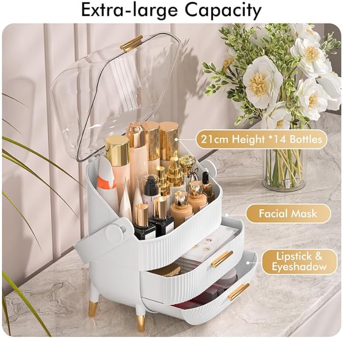 NestOrganix Makeup Organizer Skincare Organizers - Cosmetic Display Cases with Transparent Cover, SkinCare Organizers for Bathroom Countertop, Bedroom Vanity Desk, Lipstick Organizer, White Upgarde