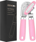 Beneno Heavy Duty Hand Can Opener Manual with Magnet, Durable Sharp Carbon Steel Blade Smooth Cutting, Big Effort-Saving Knob & Soft Grip Handle, Multifunctional Kitchen Tool with Bottle Opener, Pink