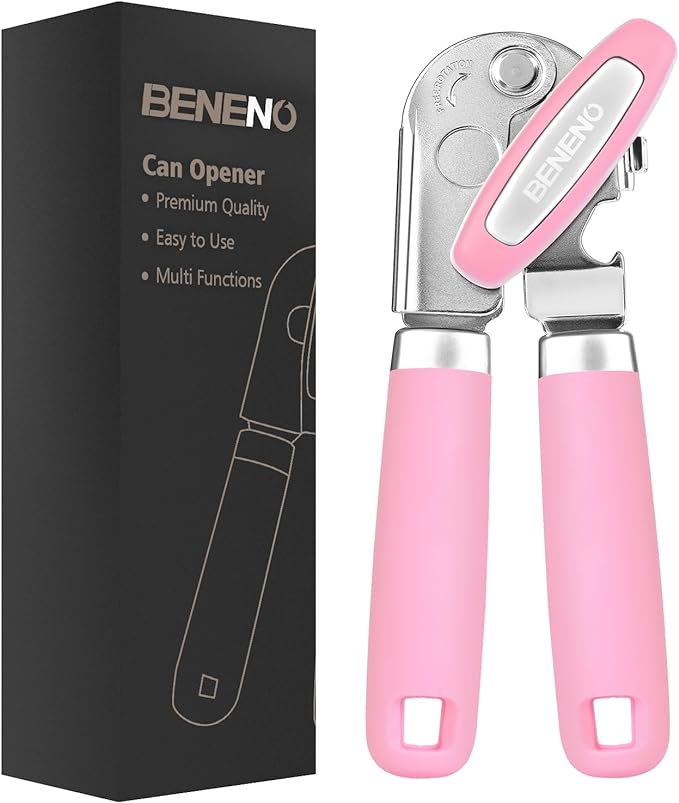 Beneno Heavy Duty Hand Can Opener Manual with Magnet, Durable Sharp Carbon Steel Blade Smooth Cutting, Big Effort-Saving Knob & Soft Grip Handle, Multifunctional Kitchen Tool with Bottle Opener, Pink