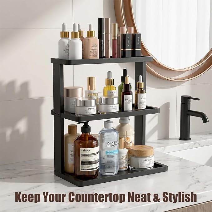 PEKER Bamboo Bathroom Organizer Countertop – Vanity Storage Shelf for Makeup, Perfume, Skincare – Natural Cosmetics Display Rack for Dresser, Sink, Kitchen – Black