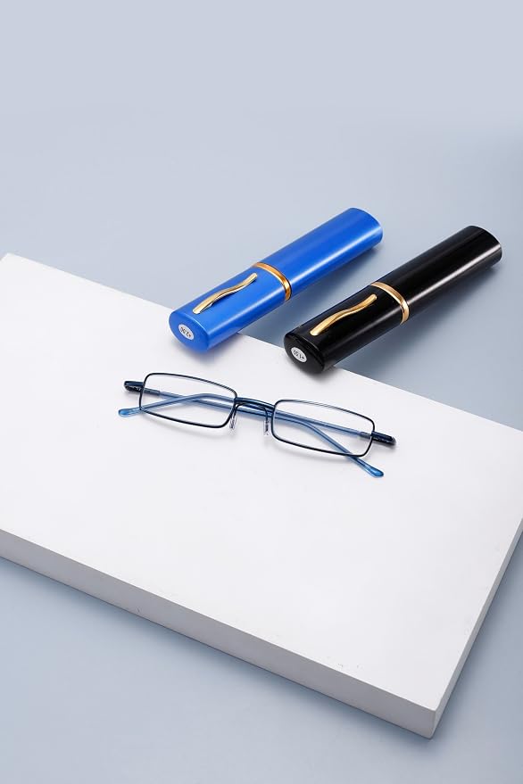 Viseng Slim Mini Metal Reading Glasses Compact Lightweight Portable Readers with Glasses Case for Reading Case,Black+Blue+3.5