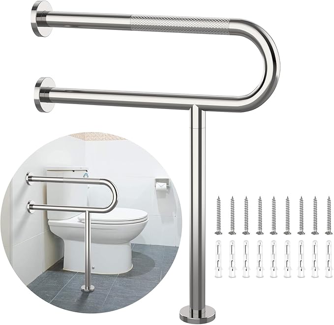 Toilet Support Rail 24X 28 Inch, Munzong Anti-Slip Chrome Handicap Grab Bar for Bathroom, Stainless Steel Knurled Safety handrails with Leg for Elderly Disabled Pregnant-1.25’Tube