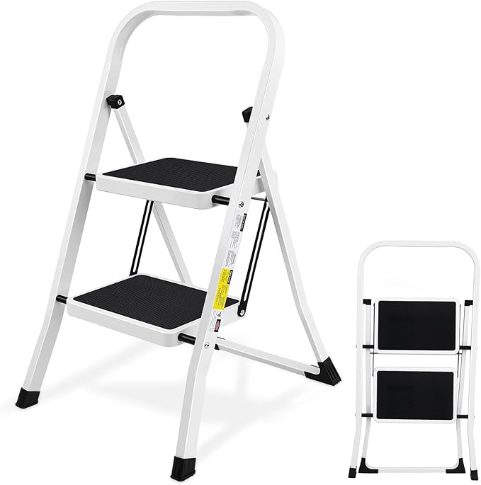 2 Step Stool, Folding Step Stool - Capacity with Wide Anti-Slip Pedal, Portable Steps Stool for Adults Multi-Use for Household, Kitchen, Office (Matte White)