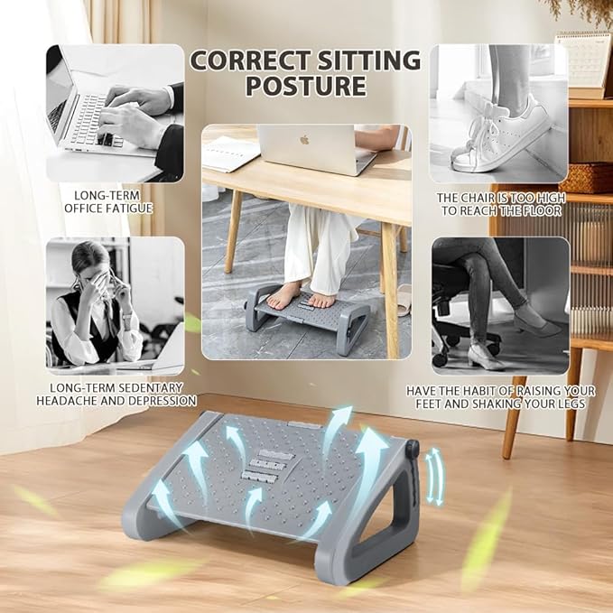 CasaZenith Foot Rest, Six Heights Adjustable Foot Rest for Under Desk at Work, Ergonomic Foots Stool for Under Office Desks, Under Desk Footrest with Foot Massage Roller, Chair Footrest - Gray