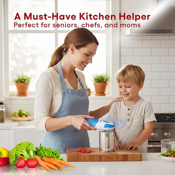 Electric Can Opener, One-Touch Automatic Smooth Edge Can Opener for All Can Sizes, Battery Operated Hands-Free Kitchen Gadget for Seniors with Arthritis (Blue)
