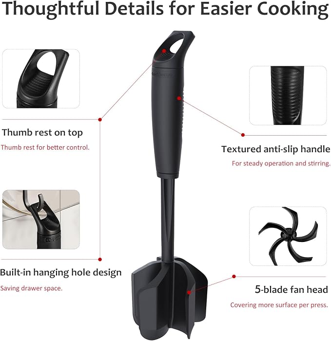 Ourokhome Meat Chopper and Potato Masher, Heat Resistant Nylon Ground Beef Smasher for Hamburger, 5 Curved Blades Nonstick Mixer & Stirrer, Practical Kitchen Gadgets, Black