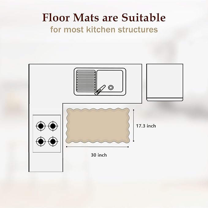 Arenarug Scalloped Kitchen Mats for Floor Cushioned Anti Fatigue Kitchen Mats Rugs Waterproof Non Slip Farmhouse Boho Floral Comfort Foam Standing Mat for Sink Laundry, White, 17.3x30