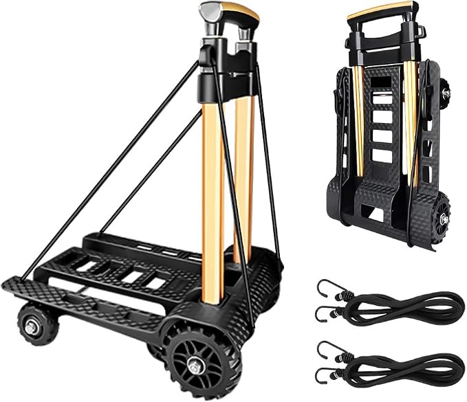 Folding Hand Truck Portable Dolly Compact Utility Luggage Cart with 70Kg/155Lbs Heavy Duty 4 Wheels Solid Construction Adjustable Handle for Moving Travel Shopping Office Use (Black)