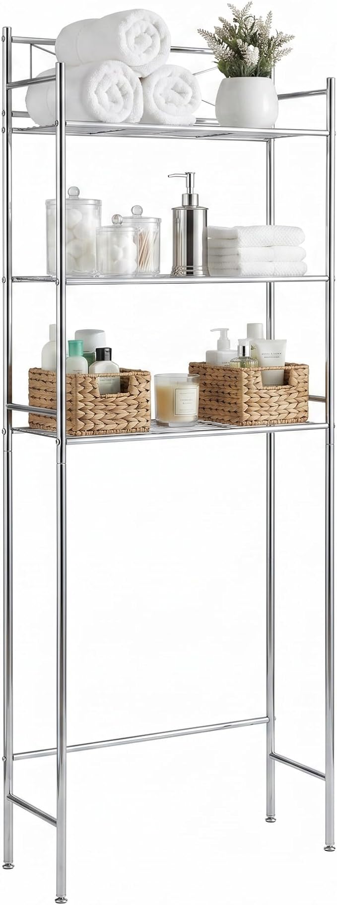Honey-Can-Do 3-Tier Metal Bathroom Shelf Space Saver, Over The Toilet Storage Rack Organizer, Adjustable Chrome Wire Shelving Unit for Towels & Toiletries, 9.5 x 23 x 60 in