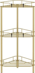 HuggieGems 3 Tier Floor Standing Corner Shower Caddy Organizer Shelf with Hooks, Bathroom Shelves Stand Rack, Gold