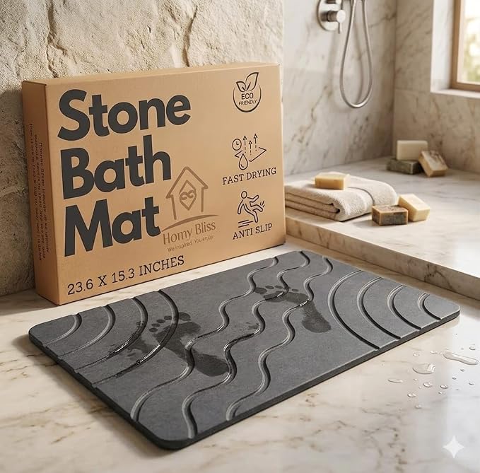 Stone Bath Mat Quick Drying Diatomaceous Earth Bath Mat Non Slip Shower Mat Super Absorbent Stone Bath Mats for Bathroom, Floor, Kitchen Counter, Easy to Clean (23.6” X 15.3”, Dark Gray)
