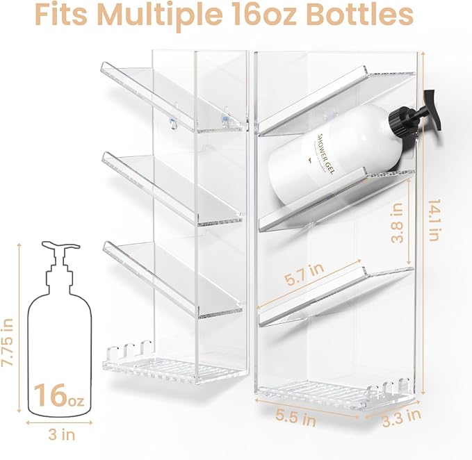 AITEE Acrylic Bathroom Organizer Caddy, Clear Shampoo Holder Wall Mounted, Shower Organizer with Suction Cup, No Drilling and Rustproof, Sturdy and Durable - Combination Shelf