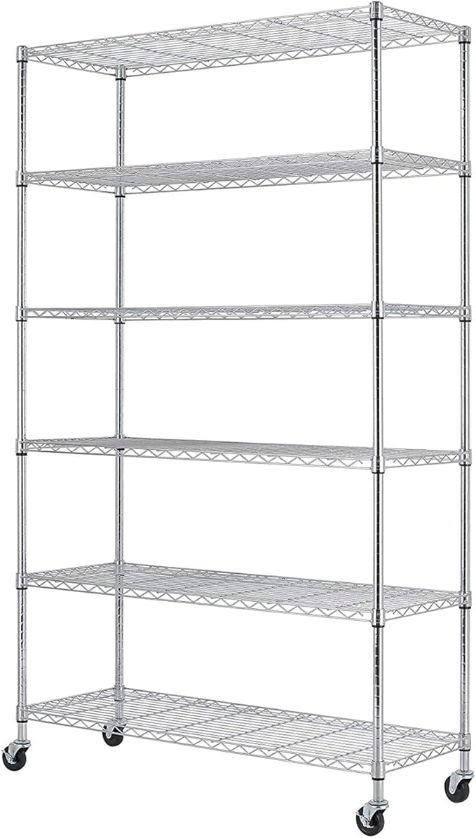 BestOffice | 6-Tier Wire Storage Shelves with Wheels | 18x45x82 | Chrome | Adjustable Racks | Heavy-Duty Metal Shelf, Holds Upto 2100 lbs | No-Tool Assembly | Ideal for Home & Garage Shelving