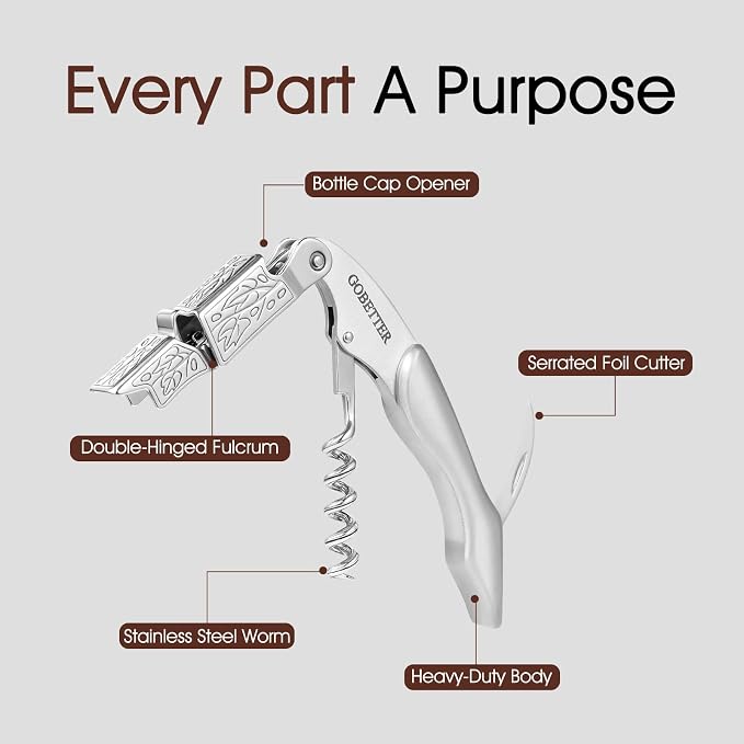 GOBETTER Wine Opener, Professional Corkscrews for Wine Bottles Cap Remover, Manual Wine Key for Home Use, Servers, Waiters Bartenders and Wine Lovers, Stainless Steel