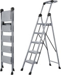 XinSunho 5 Step Ladder, Foldable Step Stool Ladder with Handrails & Tray, 660 lbs Heavy Duty Wide Pedals, Sturdy Steel Folding Ladder for Kitchen, Home, and Household Use (Silver, 5 Step)